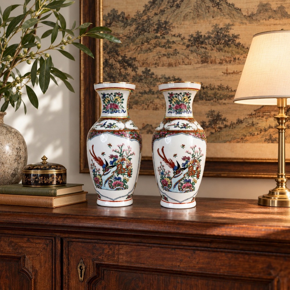 Vintage Chinese Porcelain Vase Pair, Bird & Floral Mantel Decor, MCM Asian Set